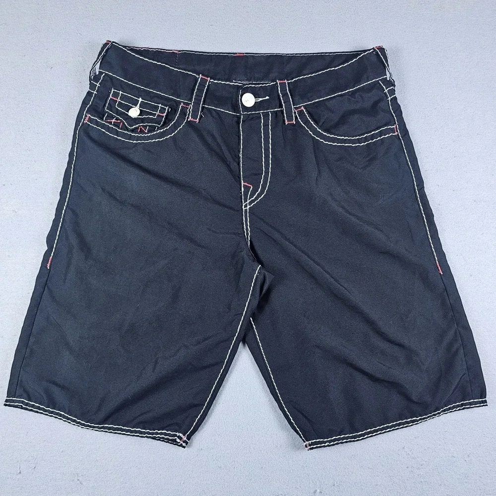 True Religion Boardshorts Mens 33 Black Flap Pockets Swim Surf Trunks 10